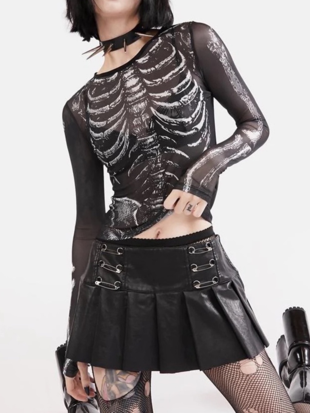 Dolls Kill Trickz N Treatz Bone Yard Mesh Long Sleeve Top Size XL
